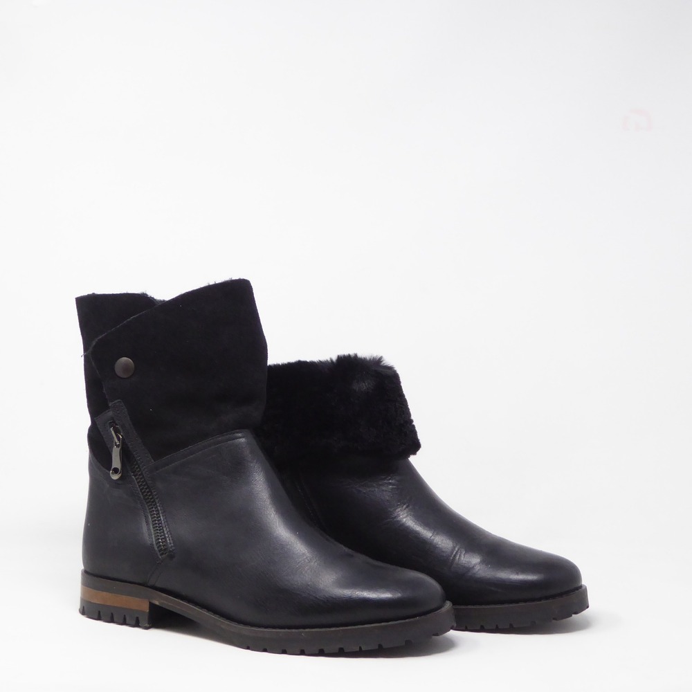 Fabianelli Women Ankle Boots Black Leather Shearling Trim Made in Italy 38 / 7.5